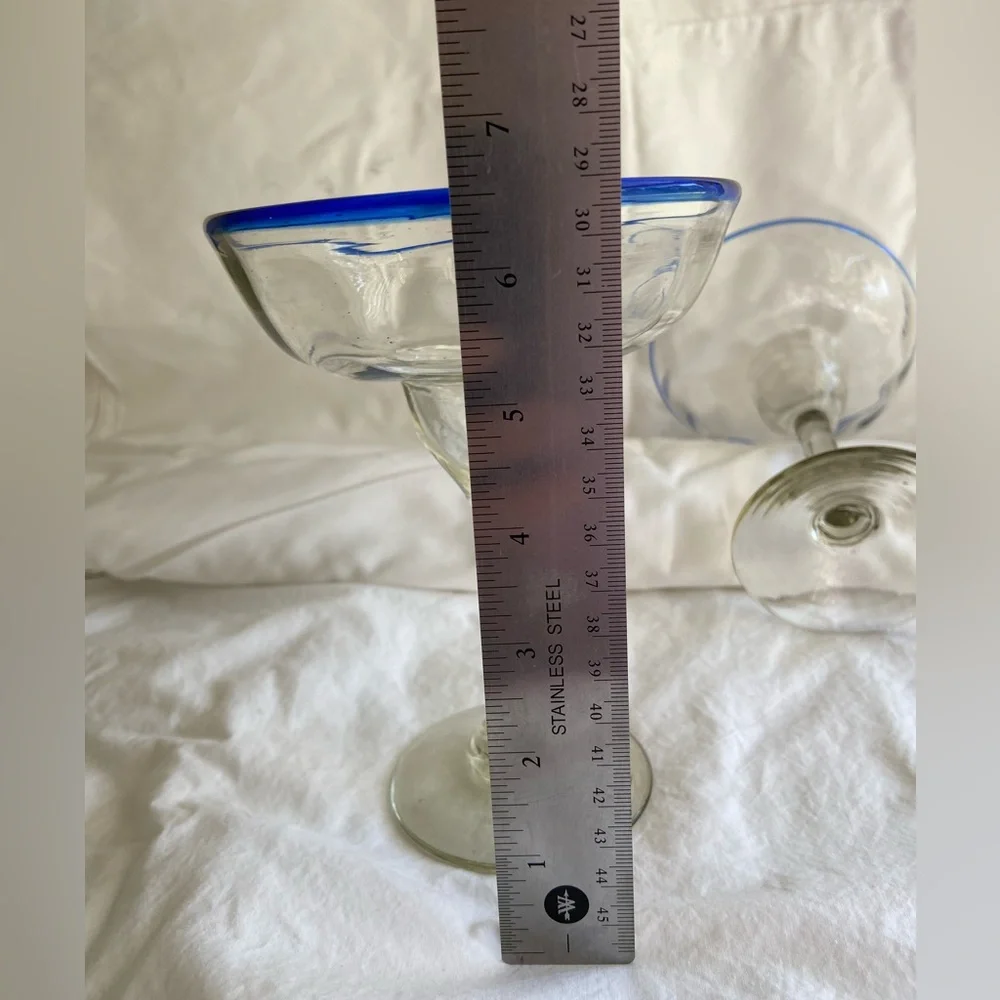 Vintage Margarita Glasses Blue Rim Mexican Hand‎ blown 6.5” x 5” set of 2